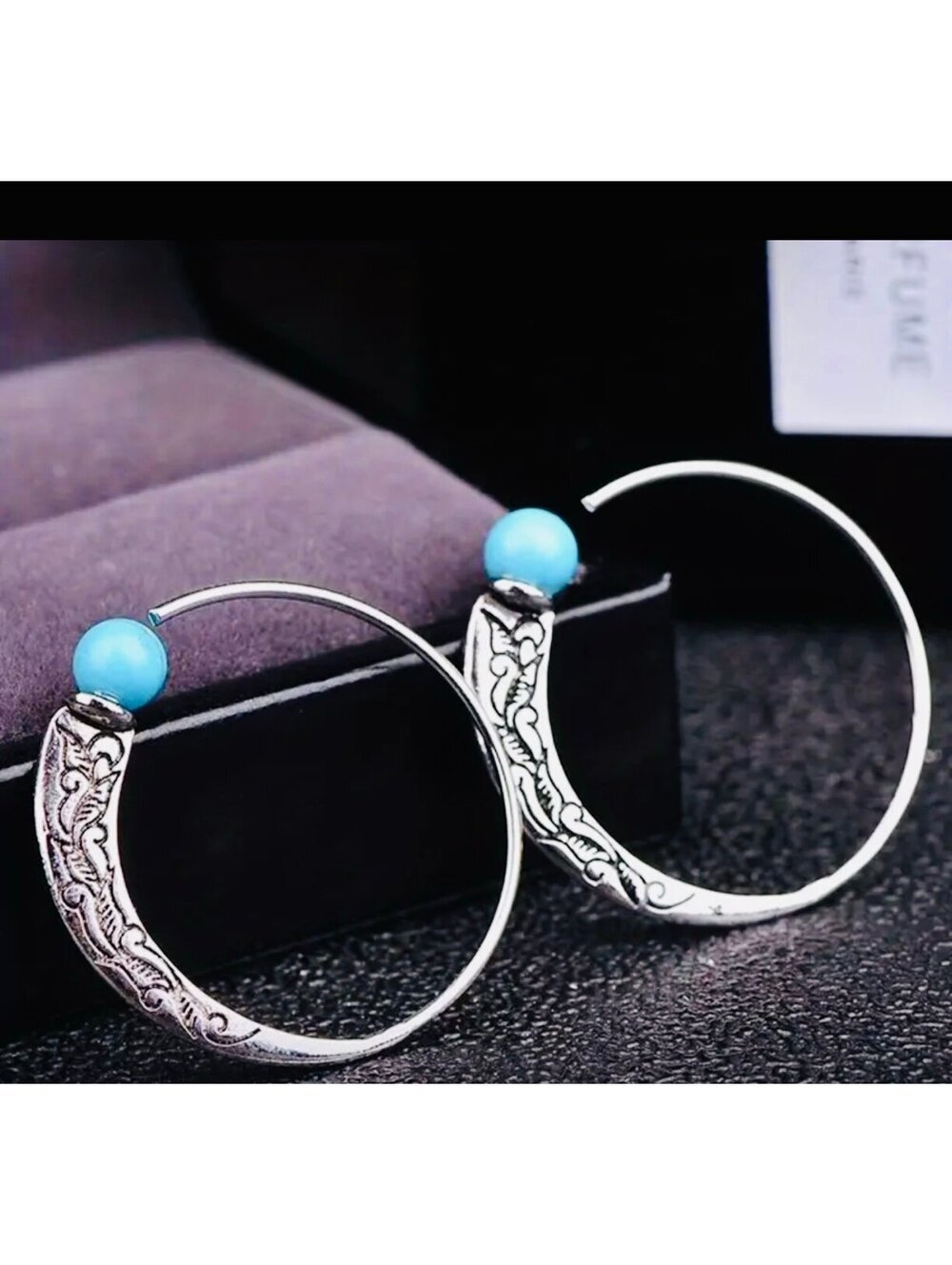 New - Turquoise and Sivler Dangle Drop Hoop Earrings